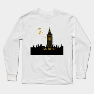 Mary Poppins and Big Ben Linocut Print in black, blue and gold Long Sleeve T-Shirt